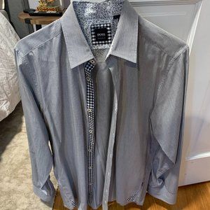 Hugo Boss Black and White Button Down Shirt with Floral and Check Patter